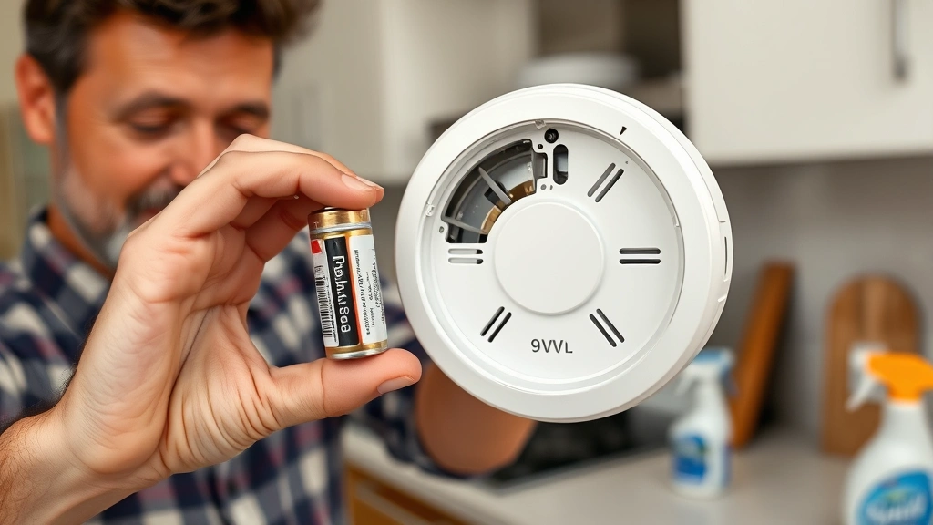 Homeowner holding a 9-volt battery next to an open smoke detector, showing the battery compartment clearly, with cleaning supplies nearby, modern kitchen setting