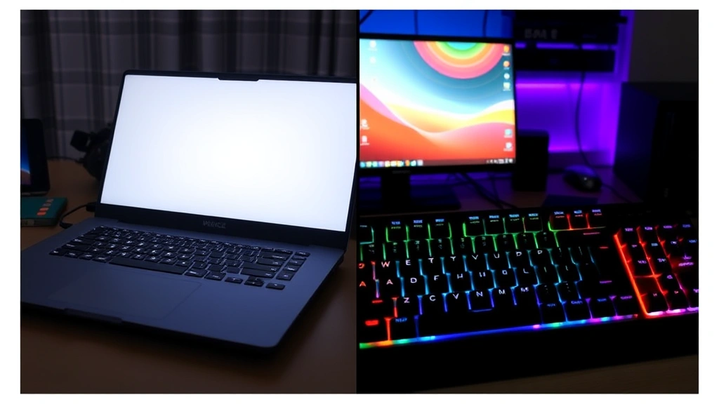 Split-screen comparison showing a laptop keyboard with white backlighting activated alongside a gaming mechanical keyboard with customizable RGB colors in a home office environment