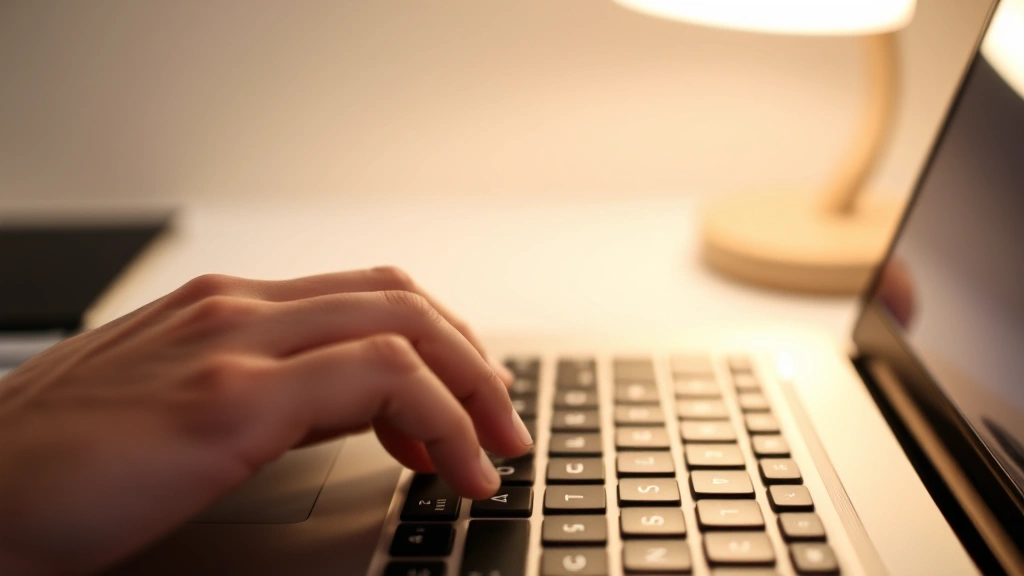 Person adjusting keyboard brightness using function keys on a laptop, fingers near F-key row with light symbol, warm desk lamp in background creating comfortable lighting