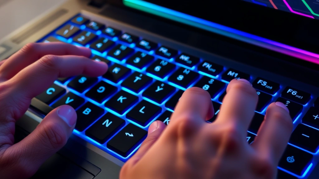 Close-up of laptop keyboard function keys showing Fn and F5/F6 keys with light symbol icons illuminated, modern gaming laptop with RGB backlighting visible beneath keycaps, hands positioned on keyboard