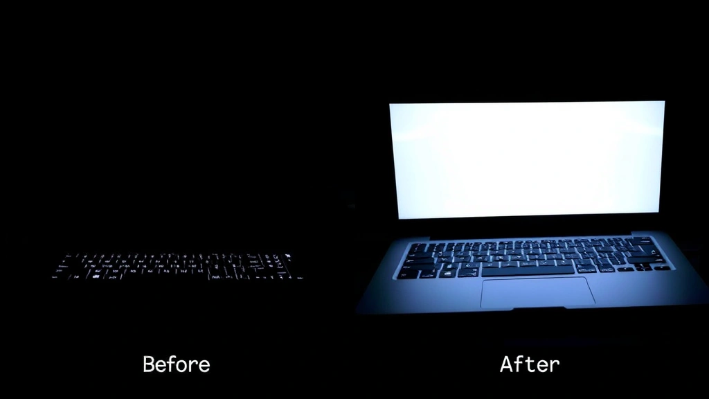 Split-screen comparison showing dark laptop keyboard without backlighting on left side and same keyboard fully illuminated with bright white LED light on right side, demonstrating before and after effect