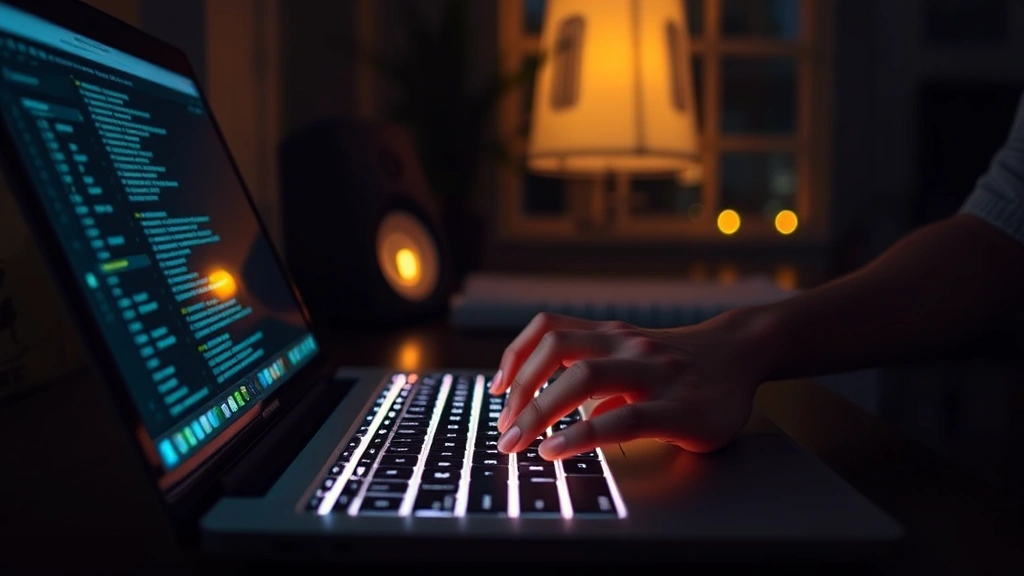 Person working at laptop late evening in dim room with keyboard backlighting providing illumination for typing, warm ambient lighting in background, focus on glowing keyboard keys and hands