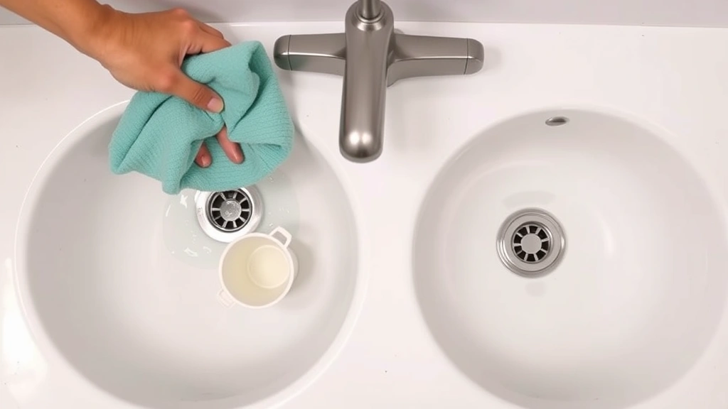 Demonstration photo of hands placing wet cloth over bathroom sink overflow hole while cup plunger sits in drain below, showing double-sink setup with water visible in both basins