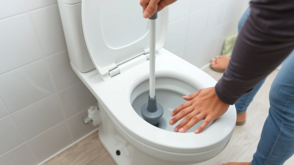 Action shot of person executing plunging motion on toilet bowl using flange plunger, showing proper posture and hand position mid-plunge cycle with bathroom tile background