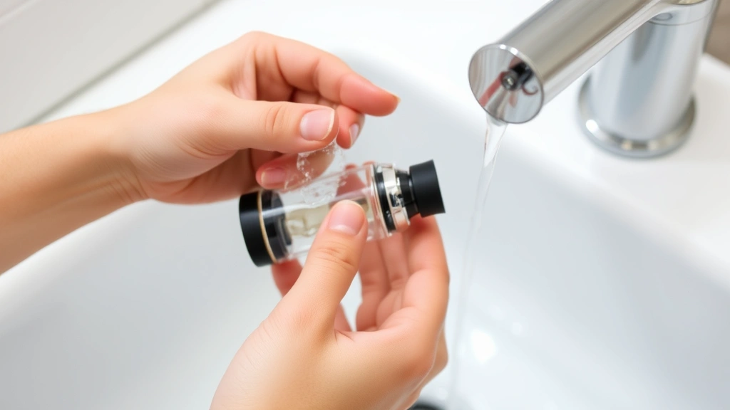 Person holding a vape tank while cleaning it with water under a faucet, showing proper tank maintenance and rinsing technique with clear visibility of the cleaning process