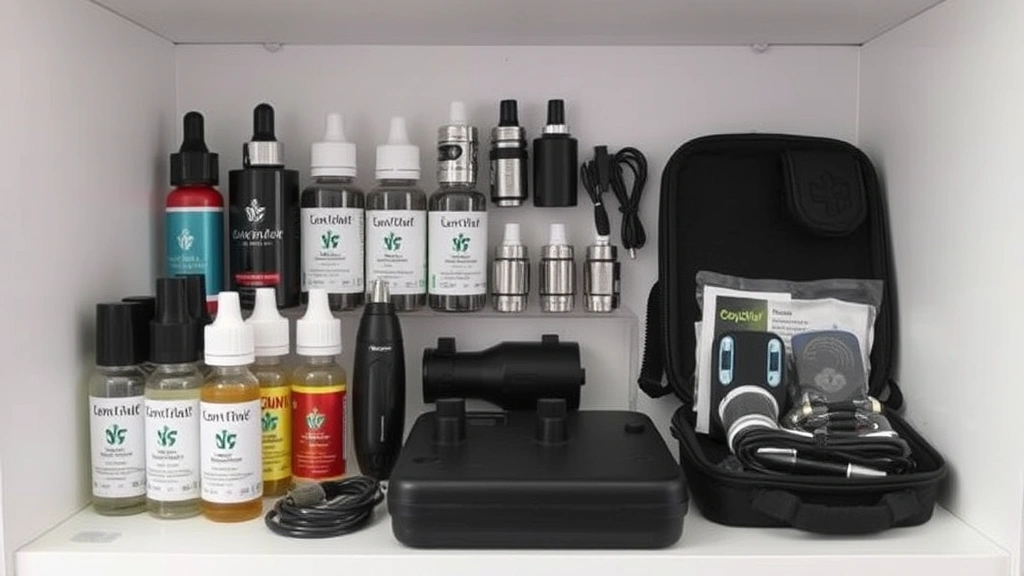 Organized vaping supplies displayed on a shelf including e-liquid bottles, spare coils, charging equipment, and protective case, demonstrating proper storage and organization setup