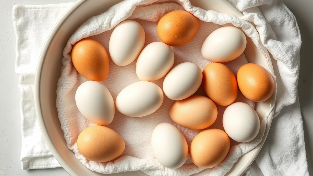 Overhead shot of freshly washed eggs drying on a clean lint-free white towel, with a ceramic basin of water and soft cloth visible, demonstrating proper post-wash drying before storage