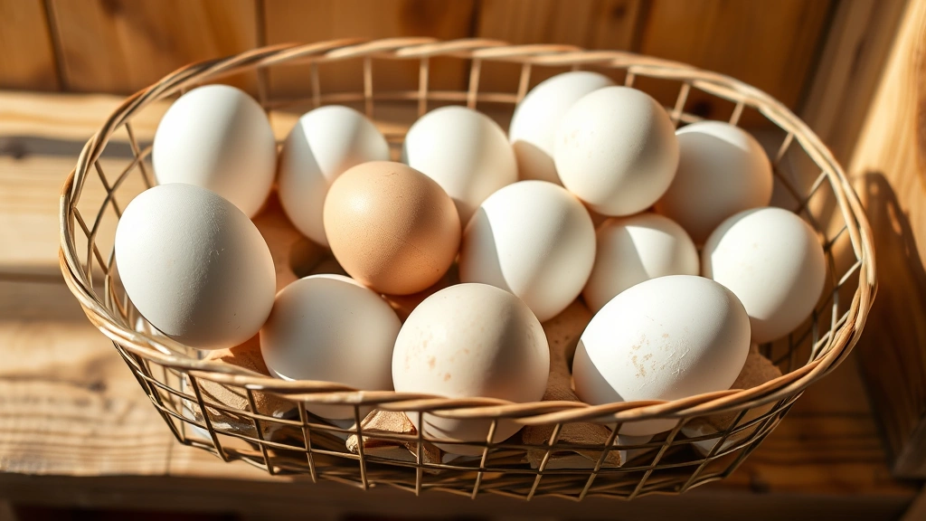 Wide angle of a clean wire basket containing freshly washed and dried farm eggs arranged with pointed ends down in a natural woven carton, placed on a rustic wooden shelf in soft natural light