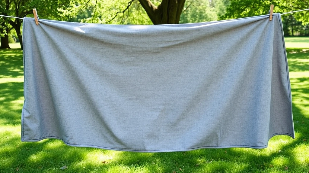 Weighted blanket draped evenly over a clothesline outdoors in dappled shade, clothespins securing corners, green grass and trees visible in background, air drying setup