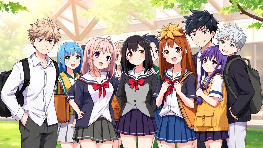 Group of diverse anime characters in school uniforms gathered together smiling, warm natural lighting, outdoor academy setting, friendship and teamwork themes