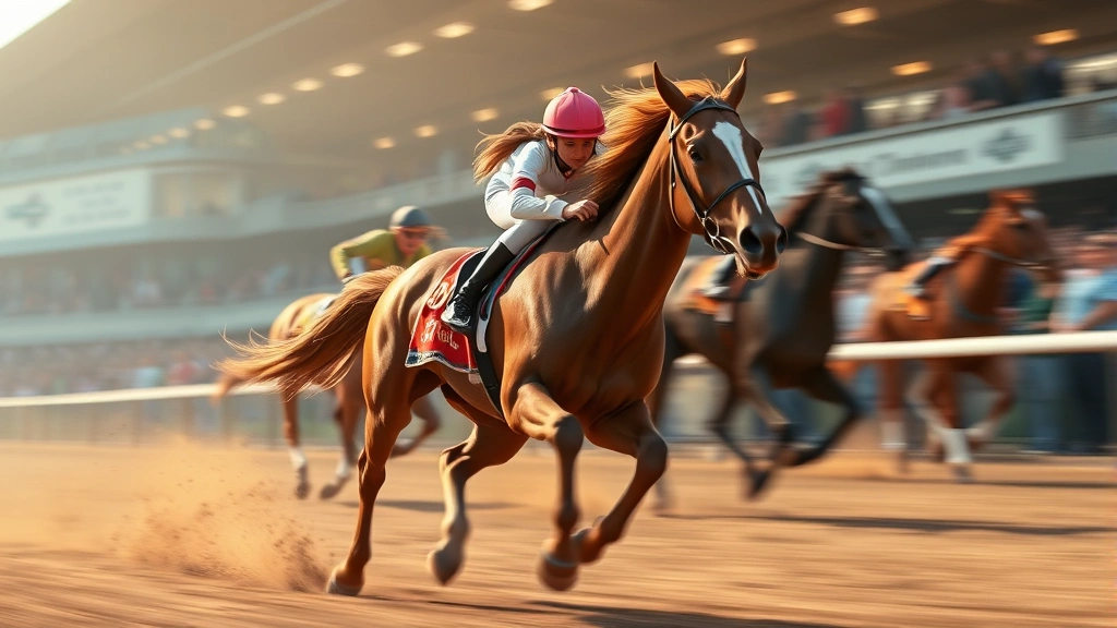 Dramatic racing scene with animated horse girl character mid-sprint on track, motion blur effect, competitive intensity, professional sports photography aesthetic, crowd in soft focus