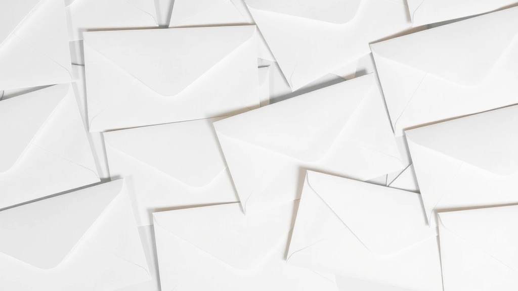 Overhead view of multiple addressed envelopes arranged neatly showing correct return address placement in upper left corner and recipient address in lower right, demonstrating professional formatting