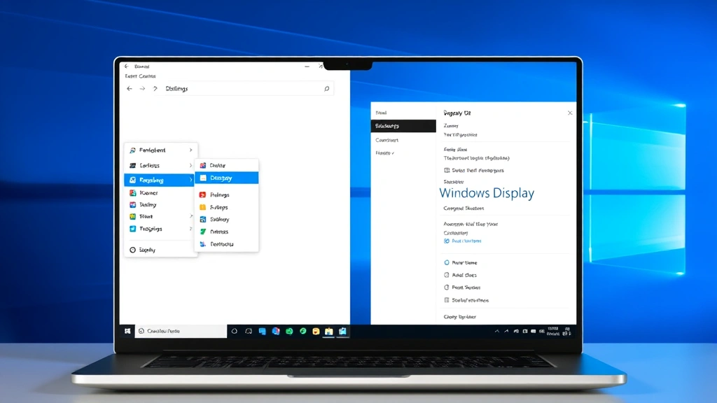 Split-screen showing browser zoom menu dropdown on left side and Windows Display settings panel on right side, modern laptop display, clean interface