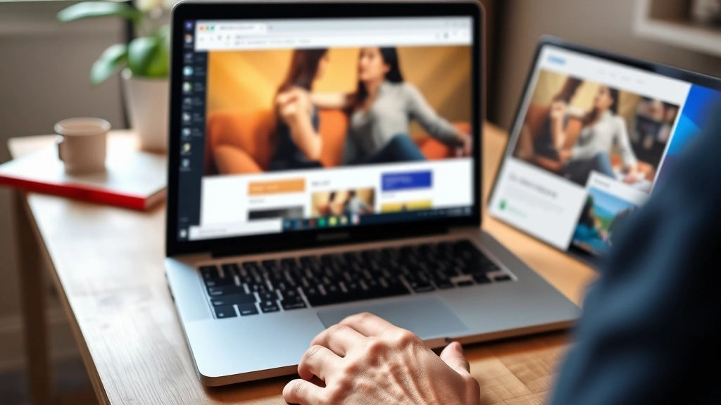 Person's hands using trackpad with two-finger pinch gesture on Windows laptop touchscreen, zooming out from zoomed web page, casual home office environment