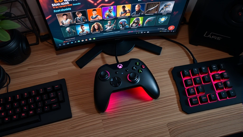 Overhead view of a gaming controller on a desk next to a keyboard with RGB lighting, character skins displayed on a secondary monitor screen showing cosmetic options, professional gaming setup aesthetic, natural desk lighting