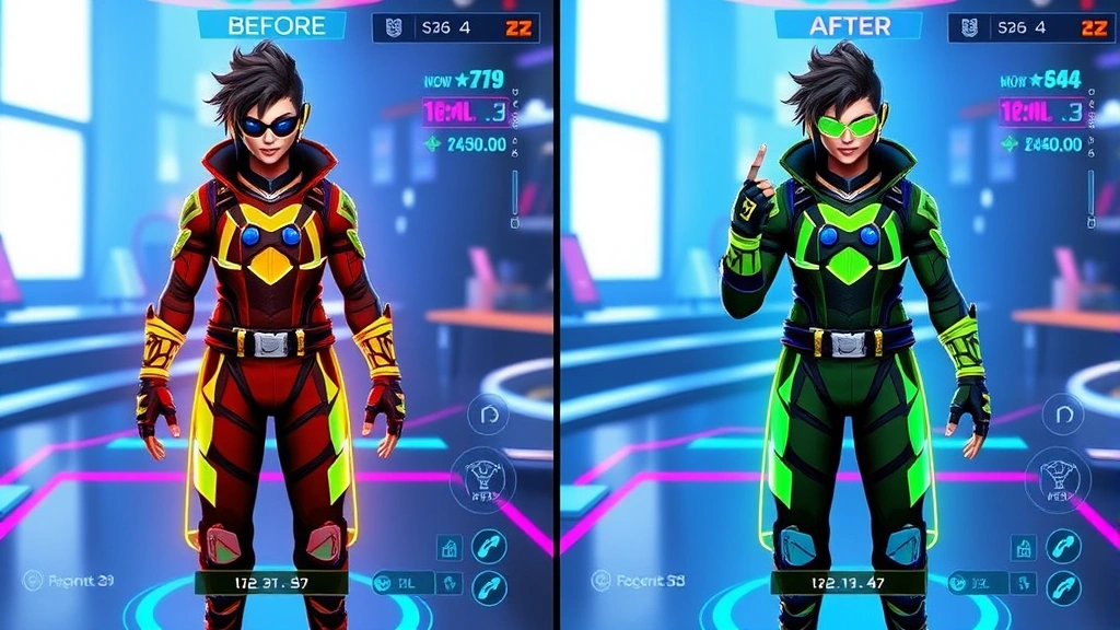 Split-screen comparison showing before and after character appearance transformation in a modern video game interface, featuring two different stylized character skins side by side, vibrant neon color scheme, sleek futuristic UI elements visible