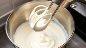 A hand mixer in a stainless steel bowl with cold heavy whipping cream being whipped to soft peaks, showing the fluffy texture forming with visible peaks on the beater, professional kitchen lighting