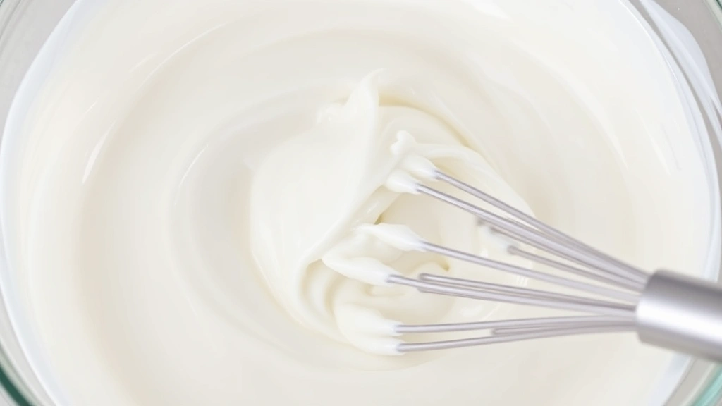 Close-up of whipped cream at the perfect medium-peak stage in a glass bowl, showing peaks that hold their shape but have slight droop at tips, with a whisk visible, natural daylight from above