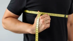 Person standing with arm relaxed at side, measuring tape positioned from shoulder bone to wrist bone, showing proper measurement technique with straight posture