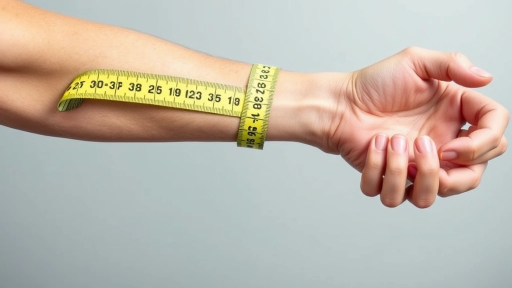 Close-up of hands holding soft measuring tape against arm, demonstrating correct tape tension and positioning along the bicep and forearm