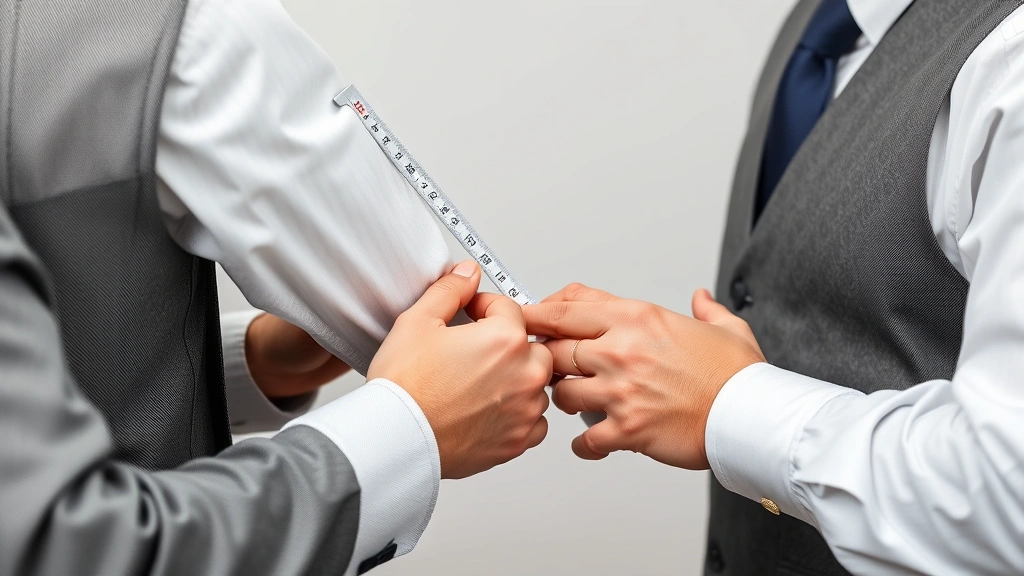 Tailor measuring a client's sleeve length from shoulder seam to wrist, showing professional fitting technique with proper hand positioning and tape alignment