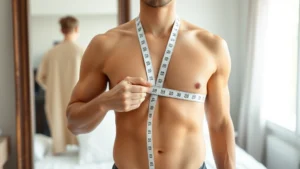 Person standing straight facing mirror with flexible measuring tape wrapped horizontally around fullest part of chest at nipple line, one finger visible under tape showing proper tension, natural lighting in bedroom or home setting