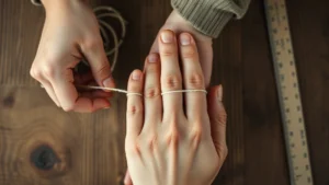 Close-up overhead view of a person wrapping a soft string around their ring finger on a wooden table with a ruler nearby, showing measurement technique