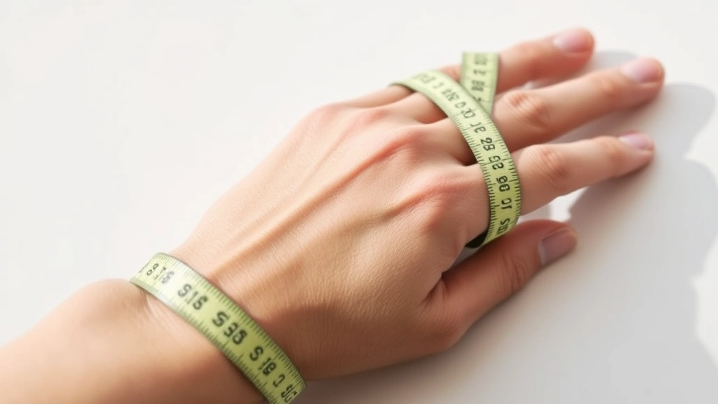 Close-up of flexible measuring tape wrapped around a person's ring finger, showing measurement markings clearly visible, natural lighting, person's hand resting on a white surface