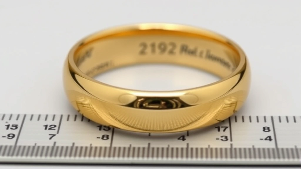 Detailed shot of a gold wedding band placed on a ruler showing inside diameter measurement with clear millimeter markings visible
