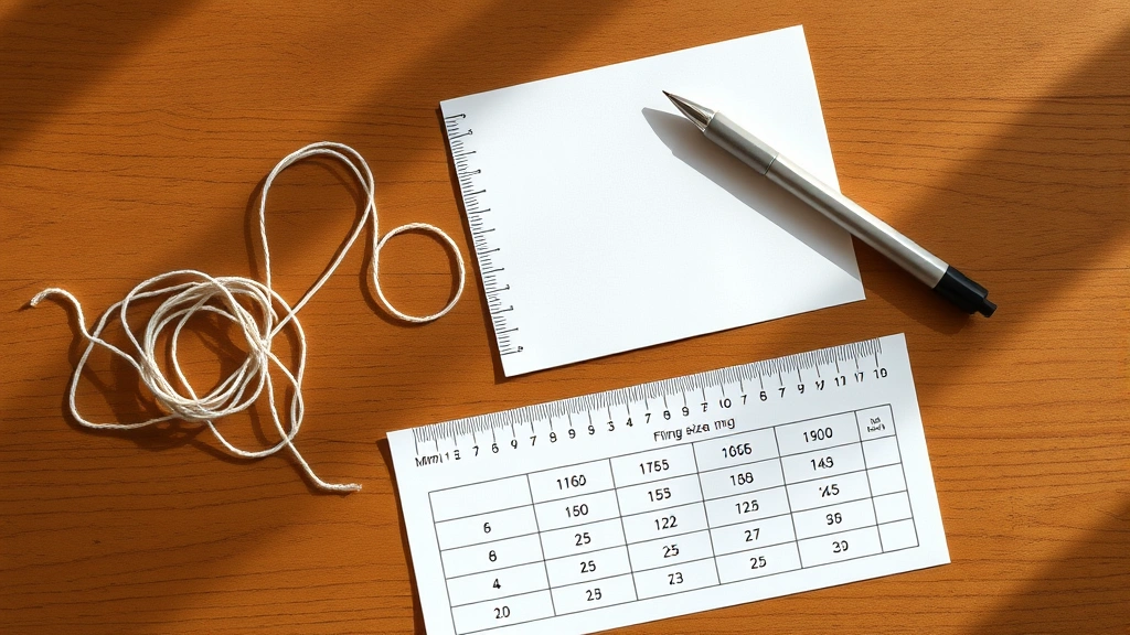 Flat lay composition showing ring sizing tools: string, paper strips, ruler with millimeter markings, pen, and a sizing chart, arranged neatly on a wooden table with natural light