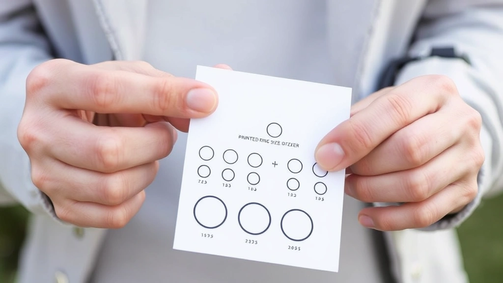 Hands holding a printed ring sizer against someone's finger, showing how multiple ring size cutouts are tested for proper fit, natural lighting