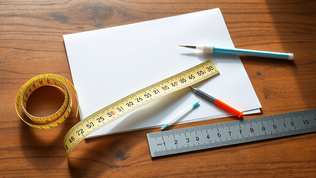 Flat lay photograph of a flexible measuring tape, paper strip, dental floss, and ruler arranged neatly on a wooden table with natural lighting, displaying essential tools for ring measurement