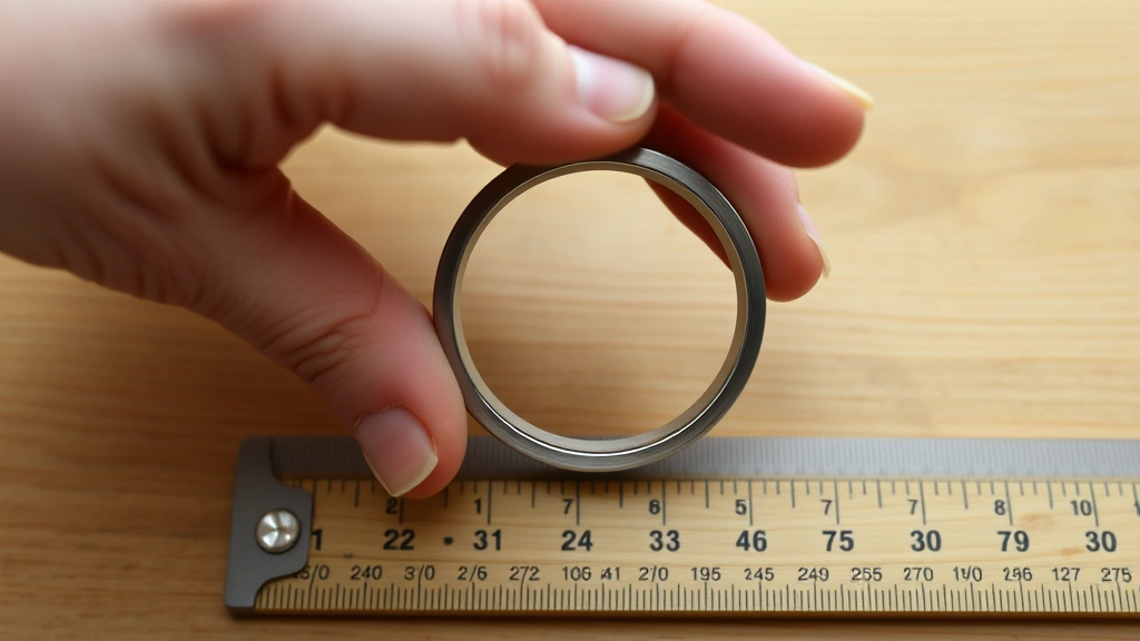 Person's hand holding a simple metal ring up to a ruler placed on a wooden surface, measuring the interior diameter of the ring with clear numerical markings visible