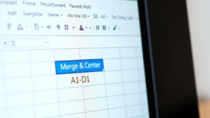 Close-up of Excel spreadsheet showing Home tab ribbon with Merge & Center button highlighted in blue, multiple cells A1-D1 selected with blue highlight, modern computer monitor displaying Microsoft Excel interface