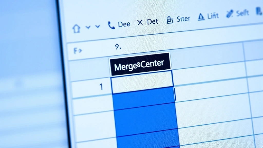 Close-up of Excel spreadsheet on computer monitor showing Home tab ribbon with Merge & Center button highlighted in Alignment group, blue selected cells visible