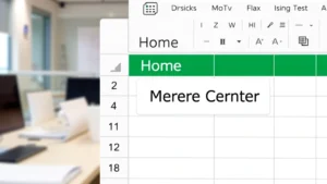 Close-up of Excel spreadsheet showing Home tab ribbon with Merge & Center button highlighted in Alignment group, professional office setting