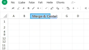 Close-up of Excel spreadsheet showing Home tab ribbon with Merge & Center button highlighted in blue, cells A1-D1 selected in light blue, clean white background, clear button labels visible