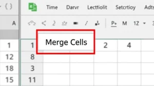 Close-up of an Excel spreadsheet showing the Home tab ribbon with the Merge Cells button highlighted in the Alignment group, ready to merge selected cells