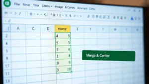 Close-up of computer monitor displaying Excel spreadsheet with highlighted cells ready to merge, showing the Home tab and Merge & Center button in the ribbon menu