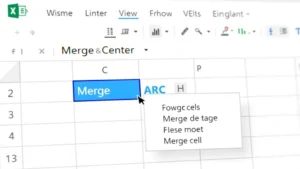 Close-up of Excel spreadsheet showing Home tab ribbon with Merge & Center button highlighted in blue, with cursor hovering over it, displaying merge cell options dropdown menu