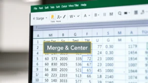 Close-up of Excel spreadsheet showing the Home tab ribbon with Merge & Center button highlighted, professional office setting with computer monitor displaying data cells