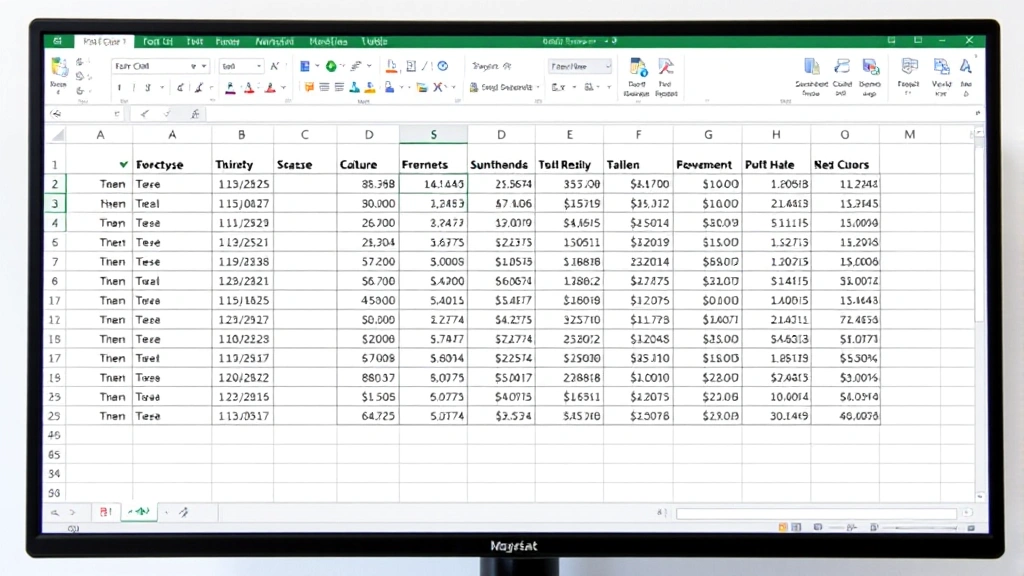 Excel spreadsheet displaying a formatted table with merged header cells spanning multiple columns, containing sample data with clear visual hierarchy, computer monitor showing the complete layout