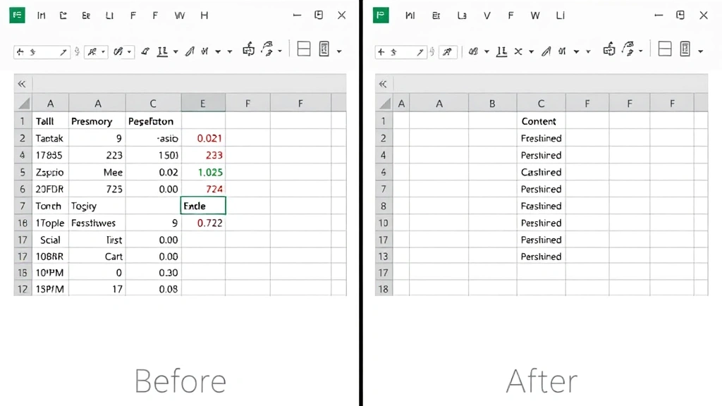 Before and after comparison of Excel cells: left side shows four separate cells with different data, right side shows merged cell with centered content spanning the same area, clear visual transformation, modern Excel interface