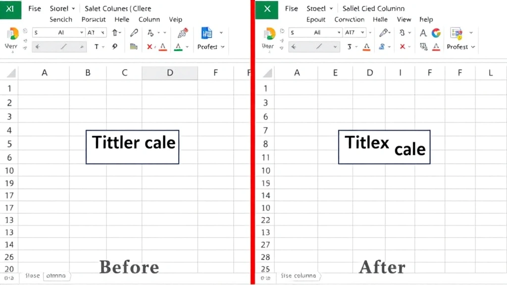 Split-screen comparison showing before and after merged cells in Excel, with title spanning across columns centered in merged cell area, professional formatting