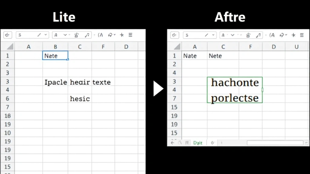 Split screen showing Excel spreadsheet before and after merging two cells containing headers, demonstrating the visual transformation and centered text