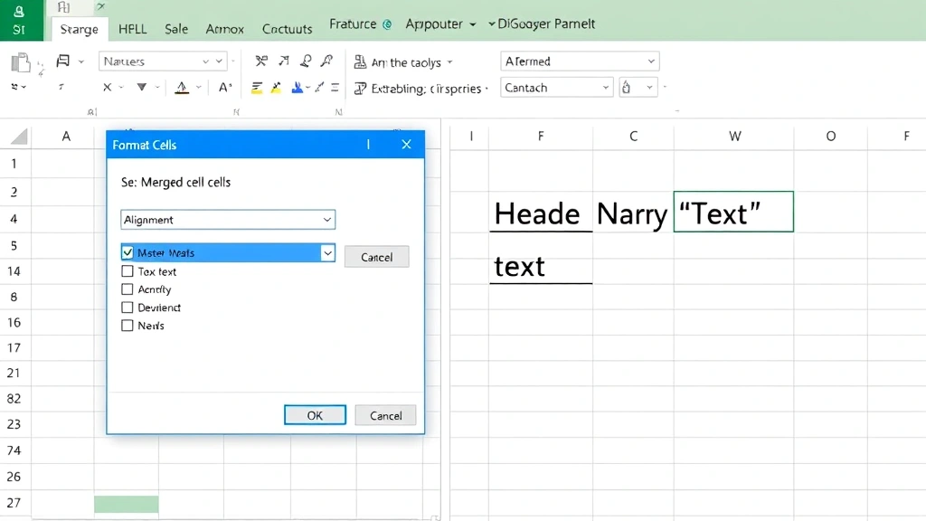 Split-screen showing Format Cells dialog box open on Alignment tab with Merge cells checkbox visible, compared to a spreadsheet with merged header cells displaying centered text