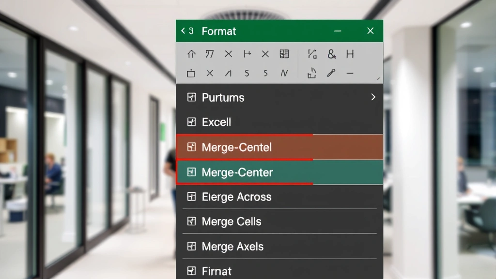 Detailed view of Format menu dropdown in Excel with Merge Cells option highlighted, showing submenu choices including Merge & Center and Merge Across options, modern office setting