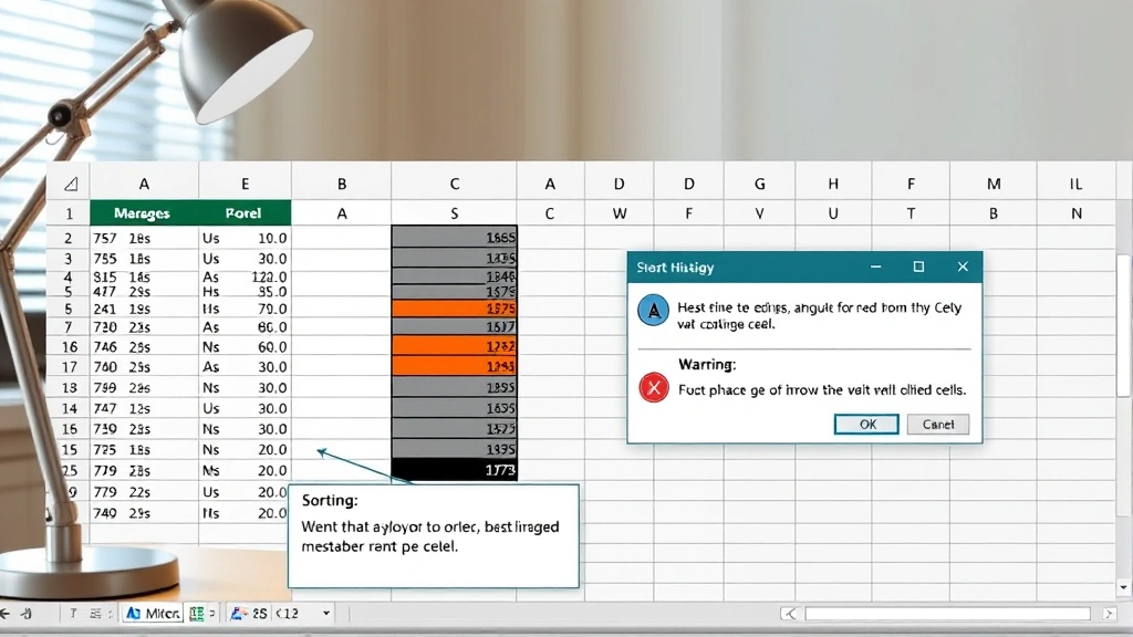 Detailed view of Excel spreadsheet displaying common merging mistakes: misaligned merged cells, formula errors in cell references shown in formula bar, sorting warning dialog box visible, professional office environment with desk lamp