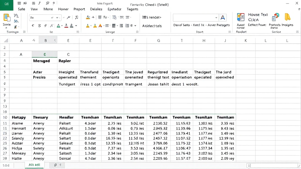 Excel spreadsheet demonstrating merged cells used for professional report header spanning multiple columns, with wrapped text displaying across lines within the merged cell, showing proper row height adjustment, organized data table below