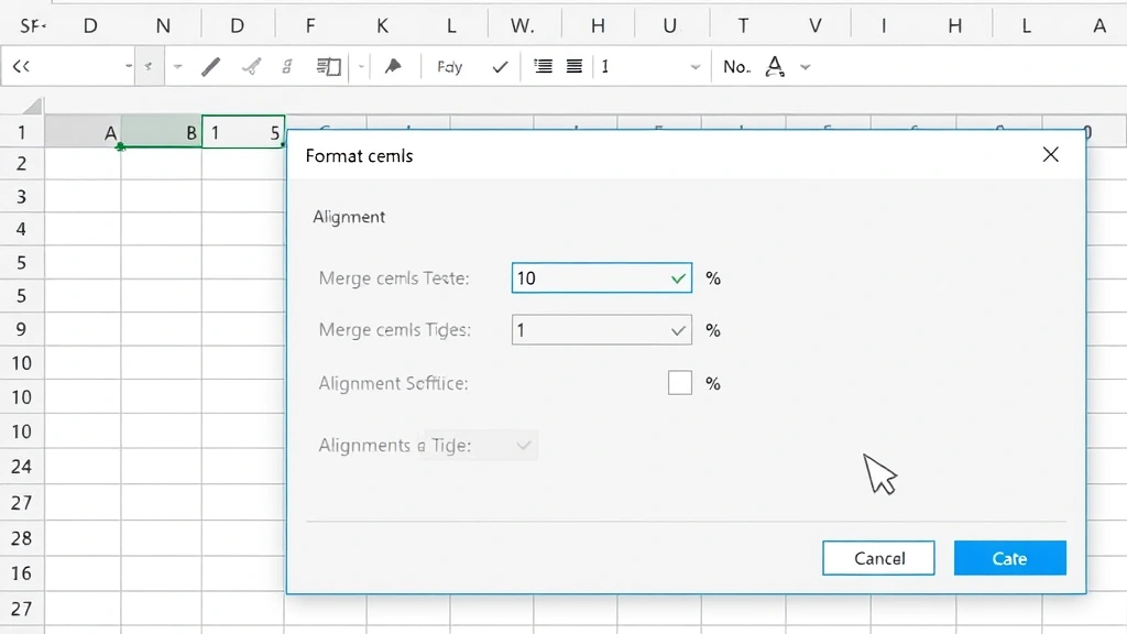 Excel Format Cells dialog box open to Alignment tab, showing Merge cells checkbox and alignment options, cursor pointing to settings